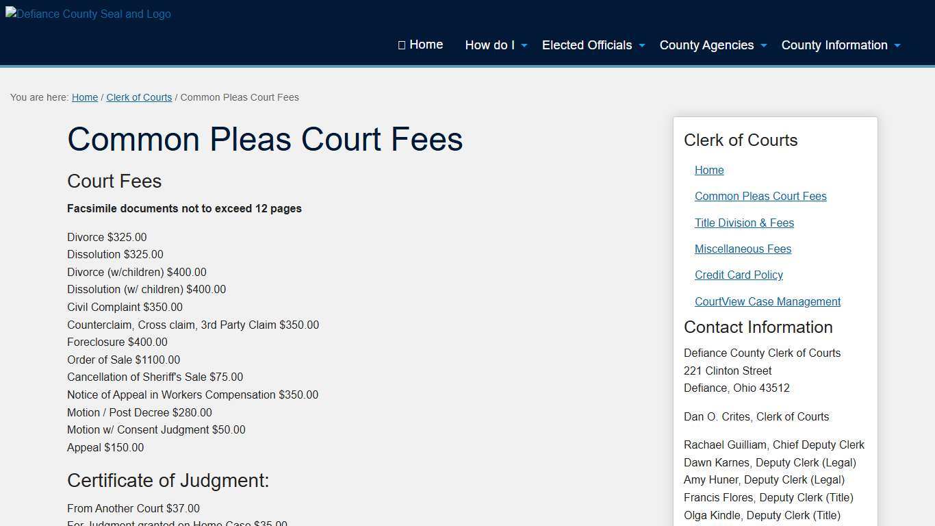 Common Pleas Court Fees | Defiance County, Ohio